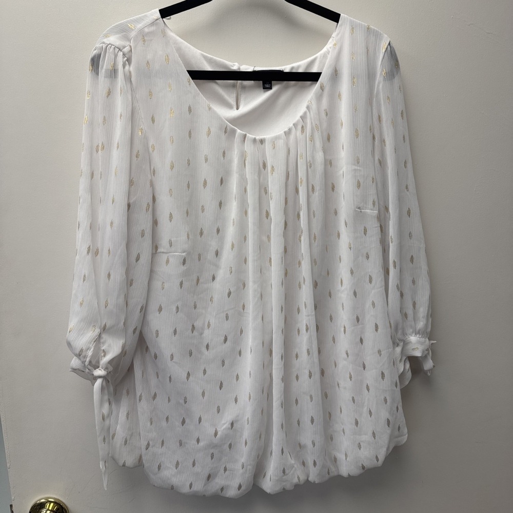 Sara Michelle White Sheer Gold Metallic Dot Blouse 2X